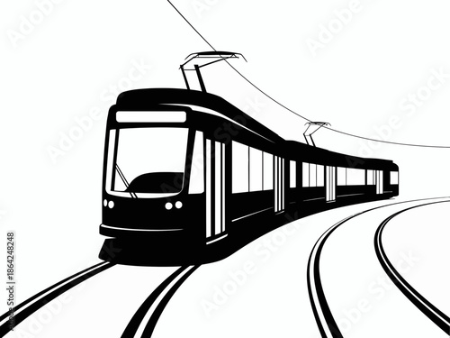 Modern tram on rails isolated on white background, Vector, illustration