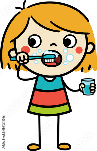 Ginger girl brushes teeth, kids hygiene rules, vector illustration isolated on transparent background