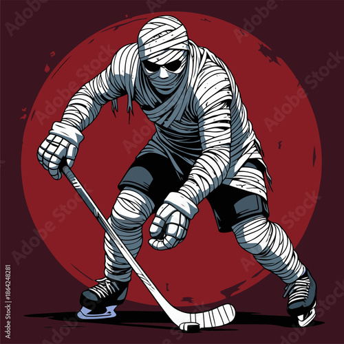 Illustration of a mummy who is good at playing hockey.