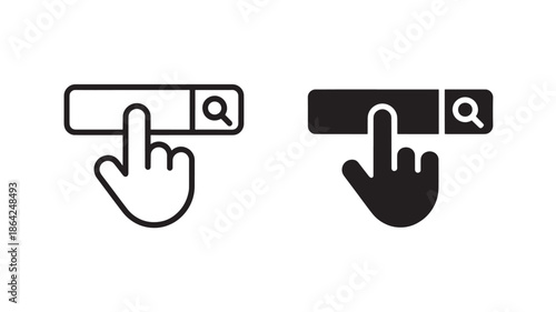 Hand clicking search bar icon in minimalist design with simple lines and dark color scheme for web interface