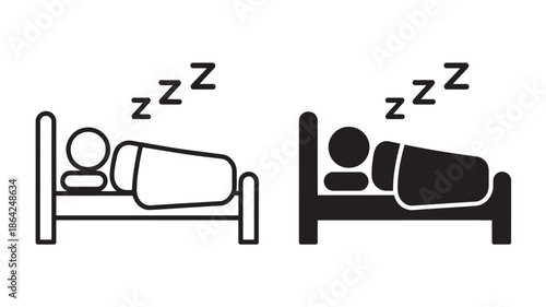 Sleeping person in minimalist bed with zzz symbol in simple line art style with black and white color scheme for health and wellness icon