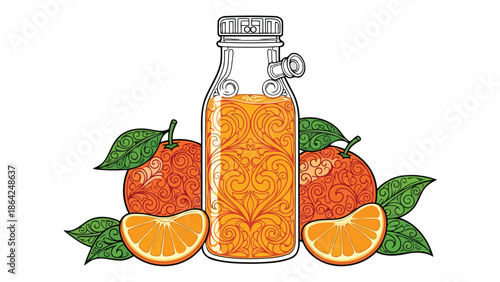 Vibrant hand-drawn orange juice bottle surrounded by fresh citrus fruit