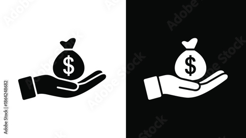 Money Bag in Hand with Dollar Sign in Simple Monochrome Style on White and Black Background for Finance Icon