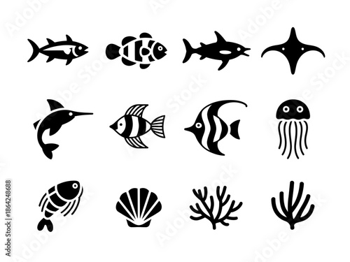 Variety of marine life silhouettes isolated on white background, Vector, illustration