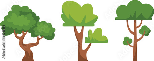Set of flat cartoon green trees, organic garden and forest nature elements, environment landscape vector illustration