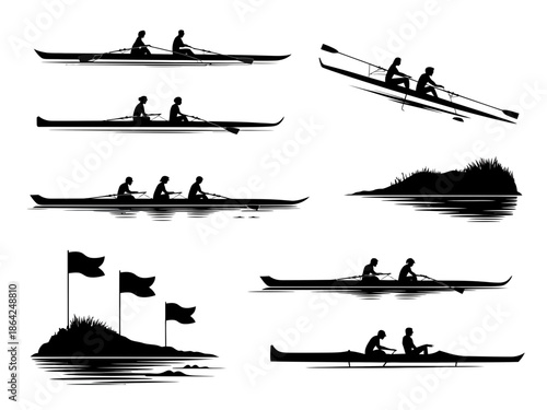 Silhouettes of rowing teams isolated on white background, Vector, illustration