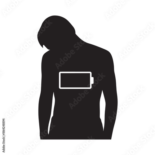 Black silhouette of a person with a low battery symbol on their chest