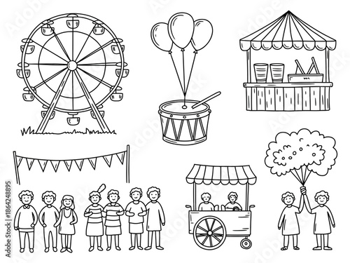 Fairground scenes with attractions and activities isolated on white background, Vector, illustration