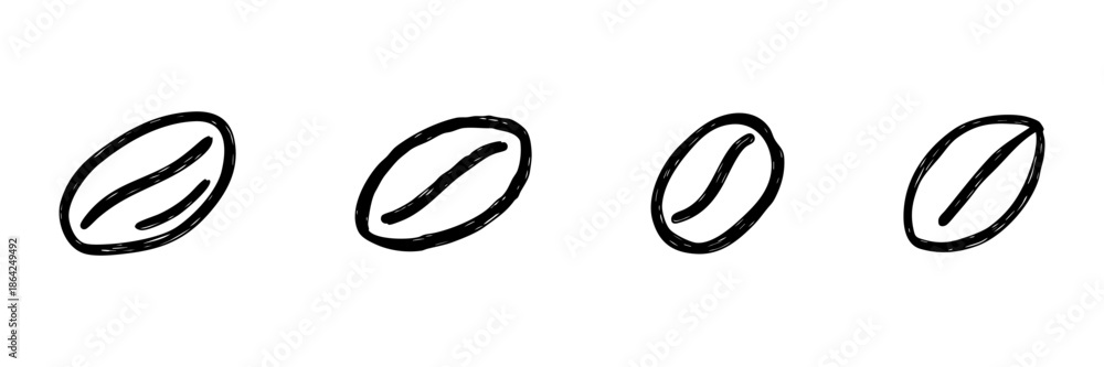 Naklejka premium Four Coffee Beans Line Icon Set In Doodle Style. Coffee Culture, Brewing, And Cafe Symbol Outline Sketch Collection. Hand Drawn Isolated Vector Illustration