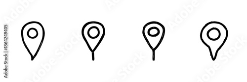 Map Location Pin Line Icon Set In Doodle Style. Navigation, Gps, And Geolocation Marker Outline Sketch Collection. Travel And Directional Symbol. Hand Drawn Isolated Vector Illustration