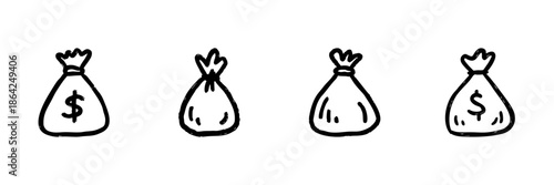 Money Bag Line Icon Set In Doodle Style. Financial Savings, Wealth Accumulation, And Investment Outline Sketch Collection. Hand Drawn Isolated Vector Illustration