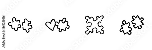 Puzzle Pieces And Heart Line Icon Set In Doodle Style. Connection, Love, And Problem-Solving Outline Sketch Collection. Relationship And Teamwork Symbolism. Hand Drawn Isolated Vector Illustration