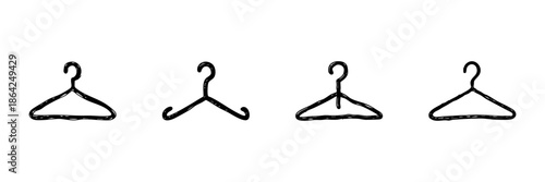 Clothing Hanger Line Icon Set In Doodle Style. Wardrobe Organization And Garment Care Outline Sketch Collection. Closet Storage Solutions. Hand Drawn Isolated Vector Illustration