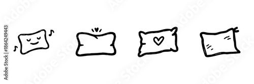 Pillow Line Icon Set In Doodle Style. Sleep, Comfort, And Relaxation Symbols Outline Sketch Collection. Decorative And Emotional Pillow Designs. Hand Drawn Isolated Vector Illustration