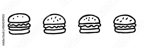 Burger Line Icon Set In Doodle Style. Fast Food, Snack, And Culinary Art Outline Sketch Collection. Hand Drawn Isolated Vector Illustration