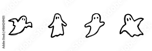 Ghost Line Icon Set In Doodle Style. Halloween, Spooky, And Supernatural Theme Outline Sketch Collection. Hand Drawn Isolated Vector Illustration