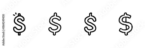 Dollar Sign Line Icon Set In Doodle Style. Financial Symbol, Currency Representation, And Economic Concept Outline Sketch Collection. Hand Drawn Isolated Vector Illustration