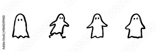 Ghost Character Line Icon Set In Doodle Style. Halloween Spirit, Spooky Cartoon, And Playful Ghostly Figures Outline Sketch Collection. Hand Drawn Isolated Vector Illustration