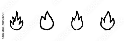 Fire Flame Line Icon Set In Doodle Style. Heat, Energy, And Passion Symbol Outline Sketch Collection. Hand Drawn Isolated Vector Illustration