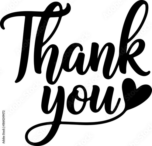 Handwritten Thank You text with a heart symbol elegant calligraphy for appreciation and gratitude isolated on white background