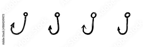 Fishing Hook Line Icon Set In Doodle Style. Angling Equipment, Fishing Gear, And Outdoor Recreation Outline Sketch Collection. Hand Drawn Isolated Vector Illustration