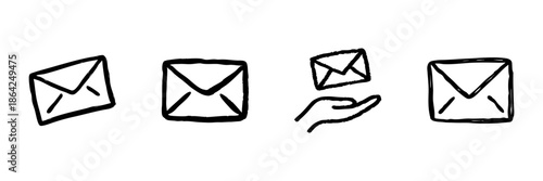 Envelope And Hand Line Icon Set In Doodle Style. Email Communication, Message Delivery, And Postal Service Outline Sketch Collection. Hand Drawn Isolated Vector Illustration