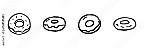 Donut Line Icon Set In Doodle Style. Sweet Pastry, Dessert, And Bakery Outline Sketch Collection. Hand Drawn Isolated Vector Illustration