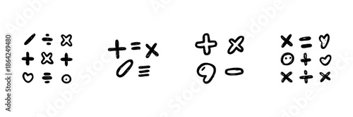 Mathematical Symbols And Shapes Line Icon Set In Doodle Style. Arithmetic Operations And Geometric Shapes Outline Sketch Collection. Educational And Creative Elements. Hand Drawn Vector Illustration