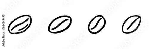 Four Coffee Beans Line Icon Set In Doodle Style. Coffee Culture, Brewing, And Cafe Symbol Outline Sketch Collection. Hand Drawn Isolated Vector Illustration