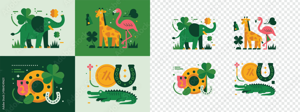 Obraz premium A friendly green elephant stands near a lucky four leaf clover and a golden coin