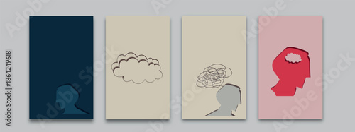Mental health concept illustration with abstract head silhouette and chaotic cloud inside. Symbol of overthinking, anxiety, mental overload and emotional stress. Minimal design with copy space.
