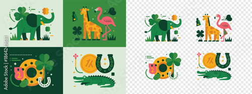 A friendly green elephant stands near a lucky four leaf clover and a golden coin