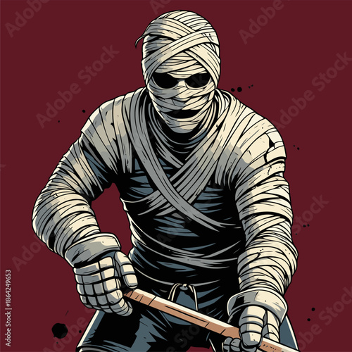 Illustration of a mummy who is good at playing hockey.