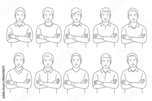 Collection of ten simplified line drawing male figures with arms crossed showing various shirt necklines.