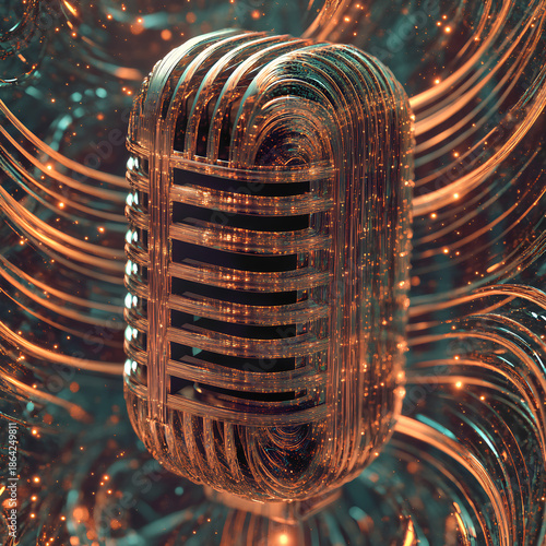 A futuristic neon microphone floating in deep space, glowing with electric blue, hot pink, and violet lines. Intricate digital circuit patterns spiral around the mic, radiating light. The background f