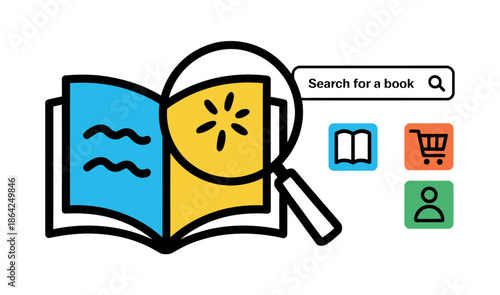 A magnifying glass hovers over an open book next to a search bar and icons.