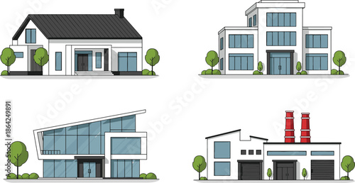 Buildings, architecture, house, office, factory, modern, design, real, estate, residential, commercial, industrial, exterior, urban, property, development, construction, illustration, vector, set