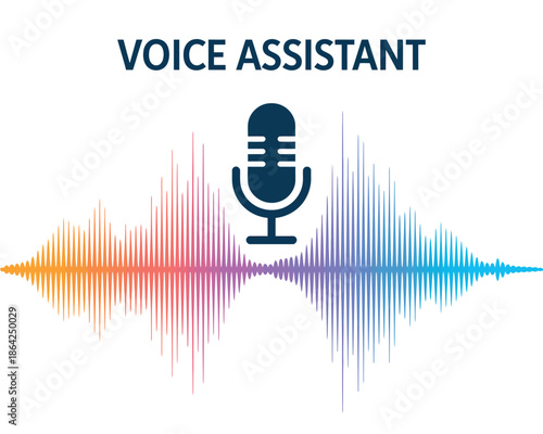 A microphone icon sits above a colorful sound wave representing voice assistant technology.