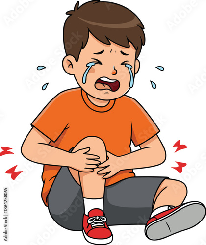 Injured child crying, holding painful knee, emotional expression, childhood accident, cartoon illustration, safety awareness, outdoor injury, hurt moment, tears, discomfort, first aid, care, reaction
