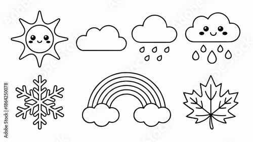 Weather icons with sun cloud rain snow and rainbow