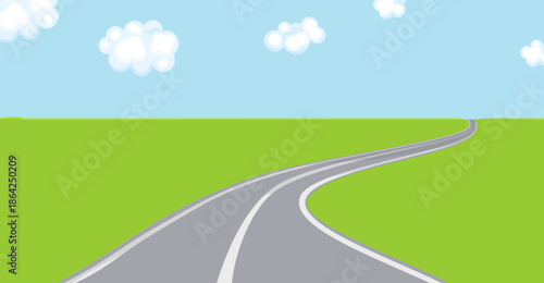 Summer road landscape. Route through green fields. Vector cartoon flat illustration. Travel concept.
