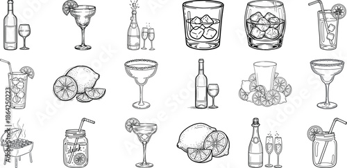 Collection of various cocktail glasses and bottles illustrations
