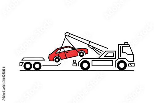 A red car is being towed onto a flatbed truck by a tow truck on a white background.