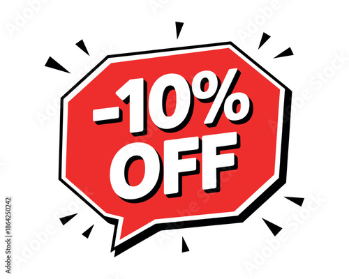 A red and white sign displays "-10% OFF" in a comic book style.
