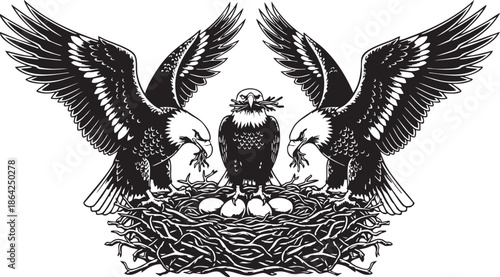 Black and White of Bald Eagles Guarding Nest with Three Eggs in Fierce Protective Stance
