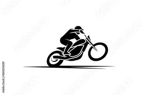 A silhouette of a person riding a motorcycle performs a wheelie against a white background.