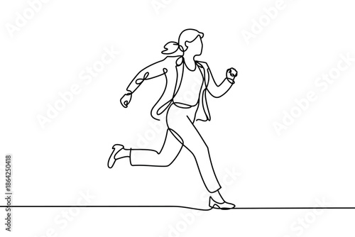 A woman in a suit is running with her arms bent, captured in a continuous line drawing style.