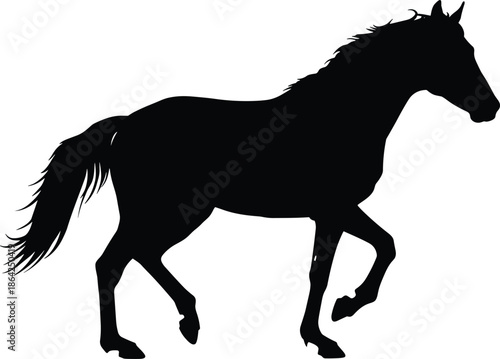 Silhouette of horse in motion with raised leg, black and white dynamic animal illustration, equine movement concept, graceful posture design for creative stock use