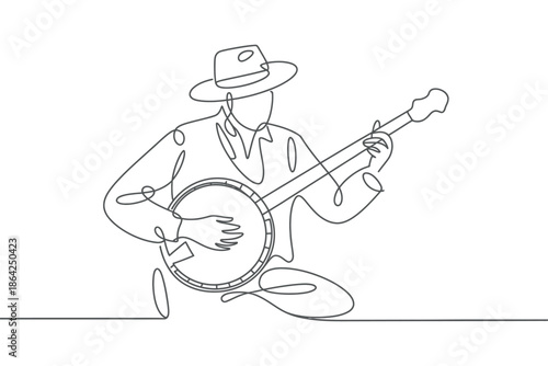 A continuous line drawing shows a musician playing a banjo while wearing a hat.