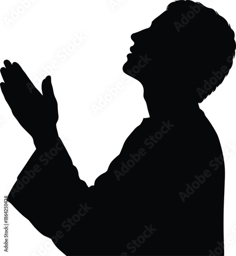 Silhouette of person praying with hands together, black and white spiritual moment illustration, devotion concept artwork, emotional faith pose design for stock use